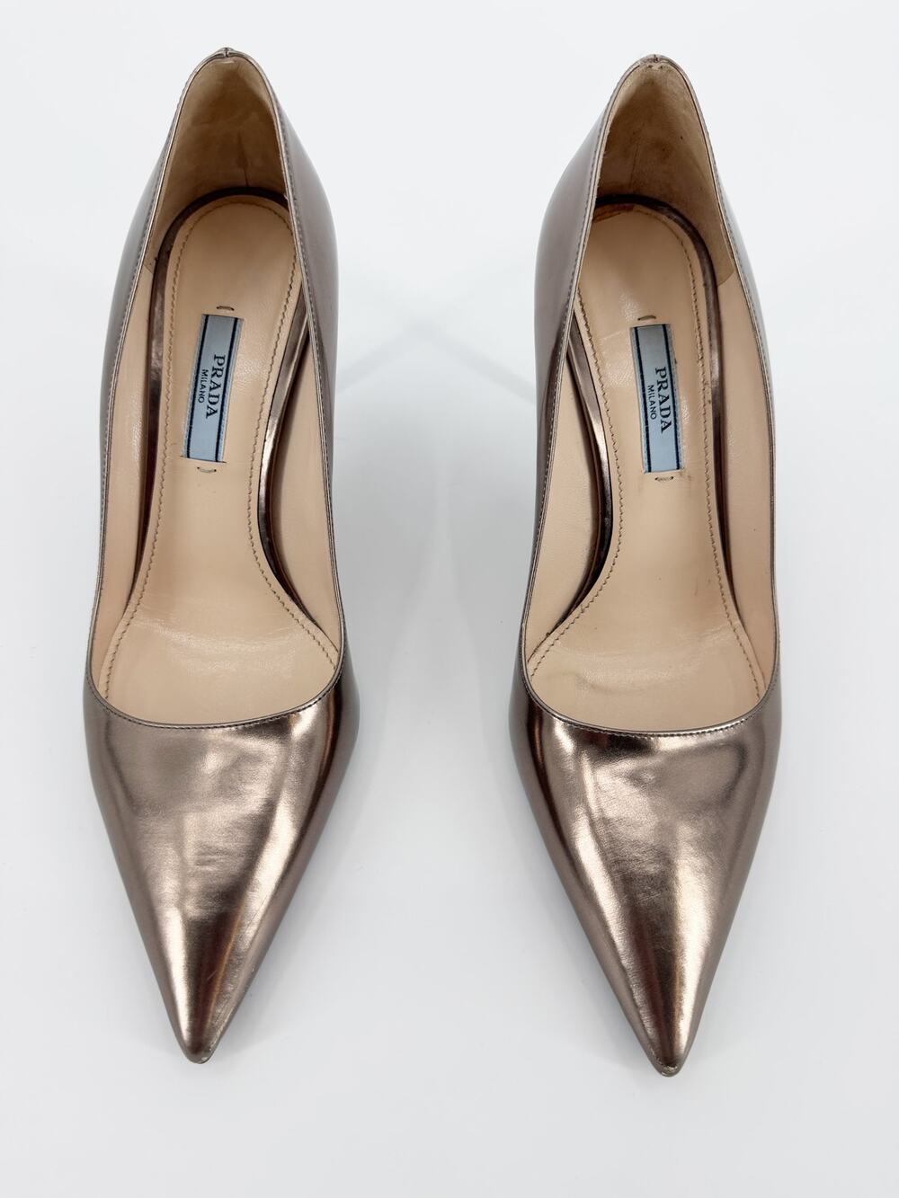 Prada Metallic Pewter Pointed Toe Stiletto Pumps Heels 38 EU US 7.5 8